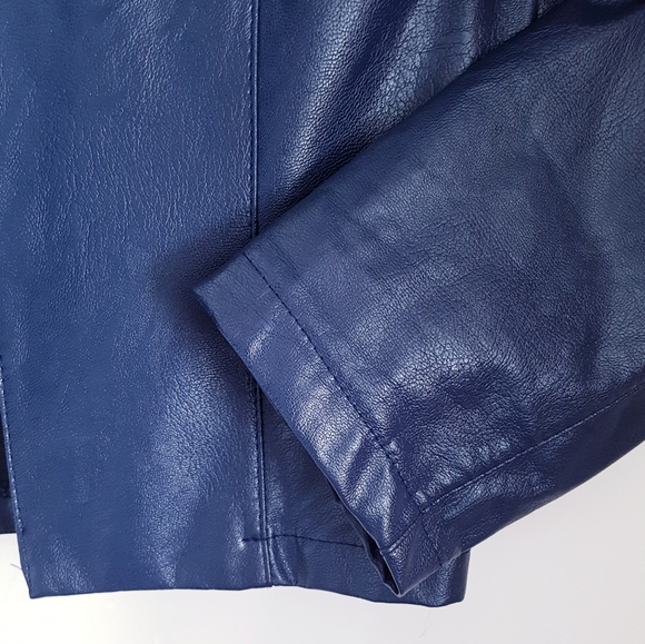Faux Leather Collarless Blue Blazer - Picture 5 of 8